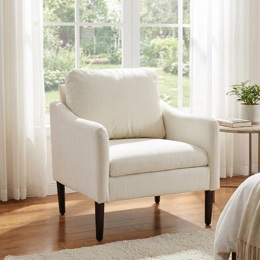 Mid Century Modern Accent Chair, Chenille Fabric Armchair with Curved Arms, Upholstered Reading Chair, Cloud Single Sofa Chair for Living Room, Bedroom, Office, Waiting Room, Beige
