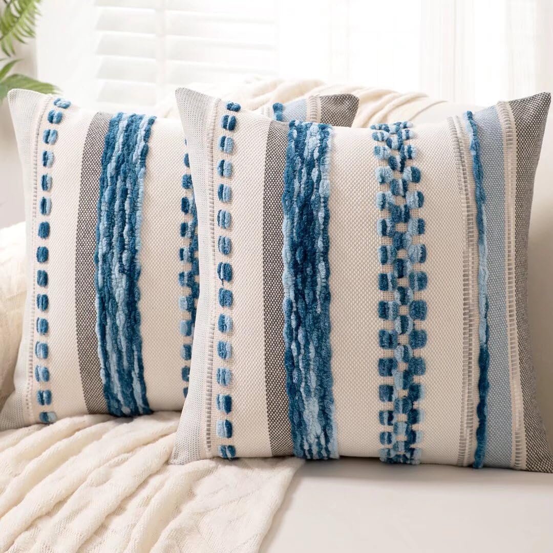 Boho Throw Pillow Covers 18×18 Set of 2 Farmhouse Decorative Cushion Case Striped Square Pillows Cover Chenille Pillow Cases Accent Neutral Pillowcase for Sofa Couch Bed,Sky Blue