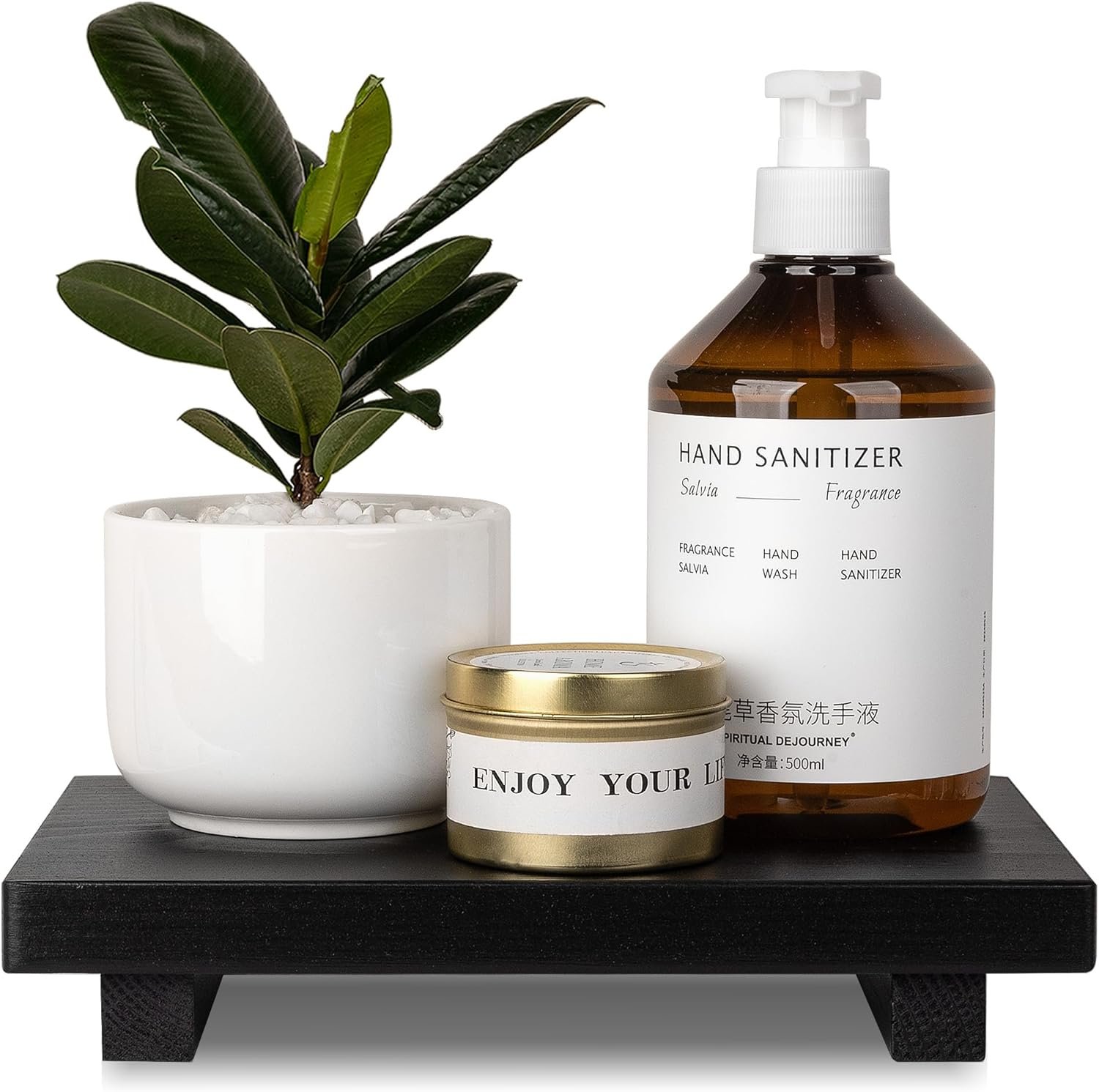 Bathroom Counter Organizer Wood Pedestal Stand Farmhouse Decorative Tray Soap Holder for Kitchen Decor, 9″ x 6″ – Black