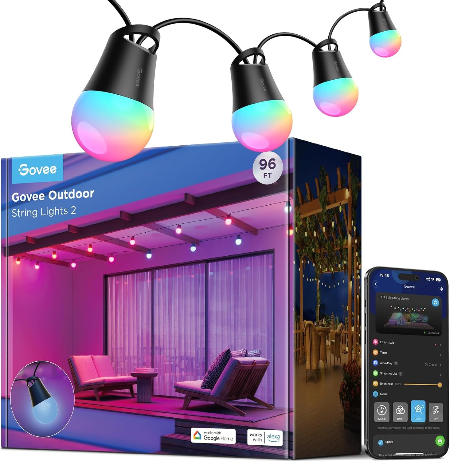 Govee Smart Outdoor String Lights 2, 96ft RGBIC Outdoor Lights with Dimmable Warm White LED Bulbs, 47 Scene Modes for Patio, Backyard, IP65 Waterproof, Compatible with Alexa, App Control