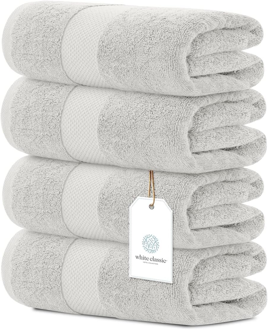 White Classic Luxury Bath Towels Set of 4 Large – 700 GSM Cotton Ultra Soft Bath Towels 27×54 | Highly Absorbent and Quick Dry | Hotel Towels for Bathroom Luxury, Plush Shower Towels, Silver