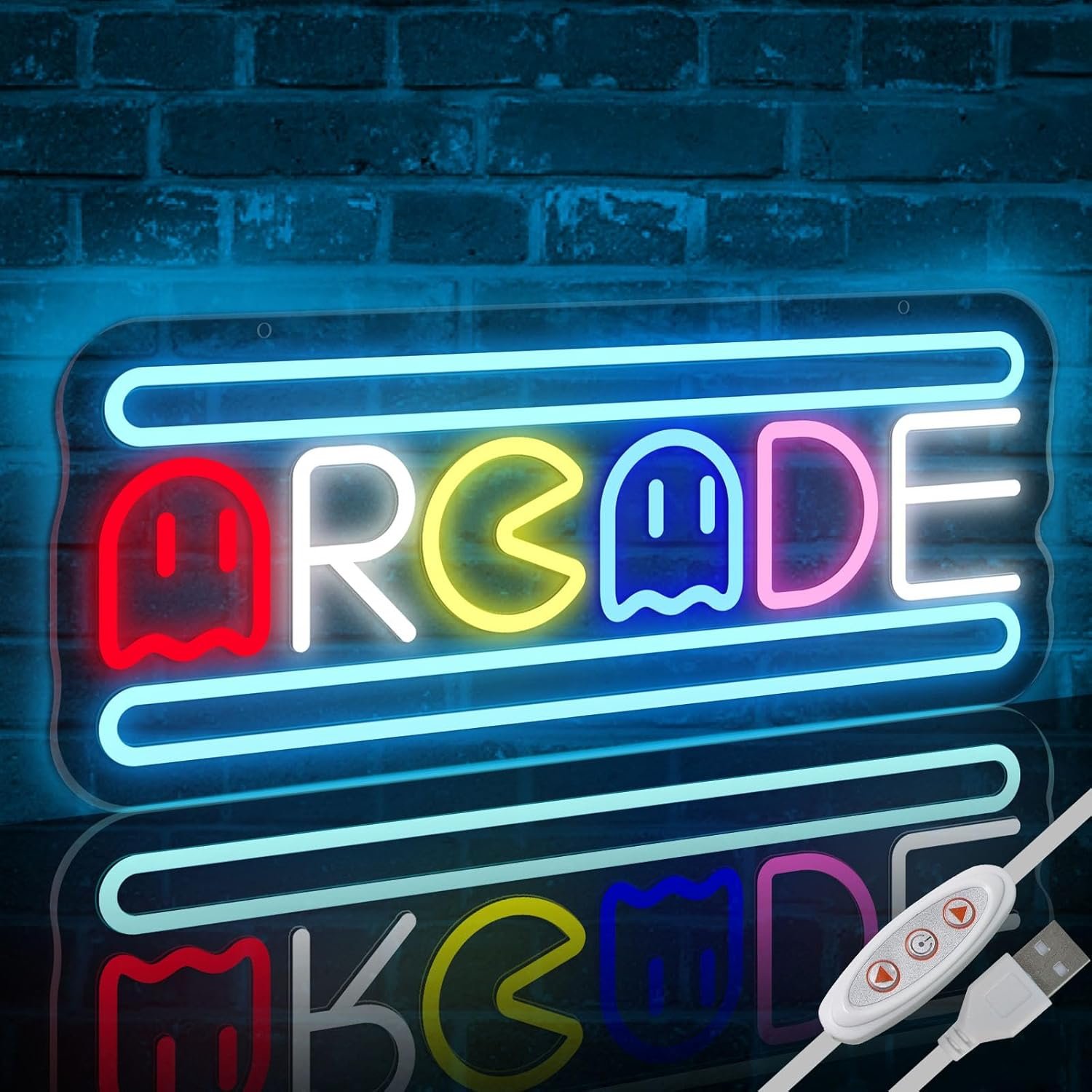 Arcade Neon Light Sign LED USB Powered Dimmable, Retro Ghost Arcade Game Room Neon Lighted Sign for Gaming Room Wall Decor Man Cave for Bedroom Baseroom Decorations Gift