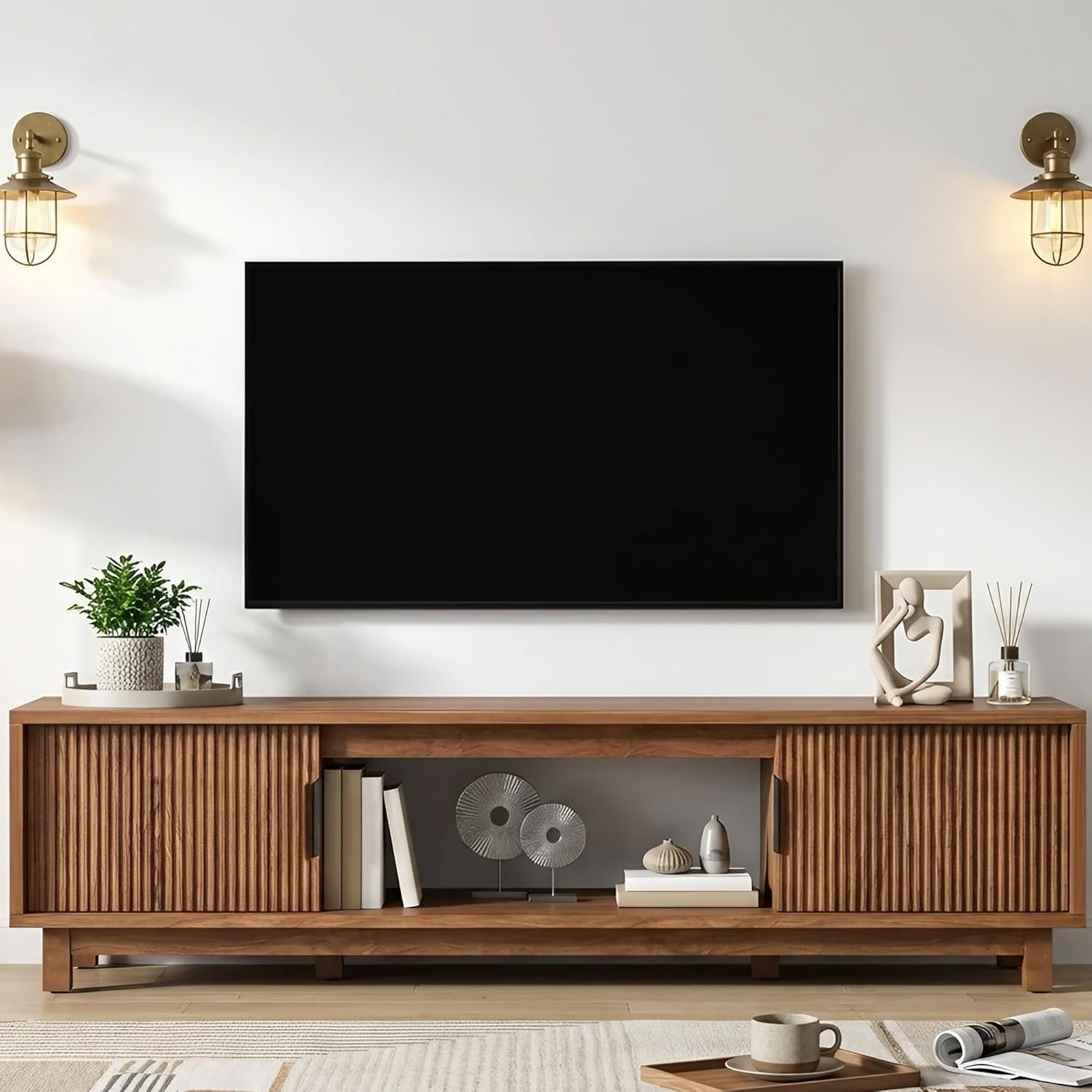Fluted TV Stand, Mid Century Modern TV Stands for Living Room, Walnut Entertainment Center for 55/60/65 Inch TV, Media Console with Storage Cabinets and Open Shelves, 58″ Long