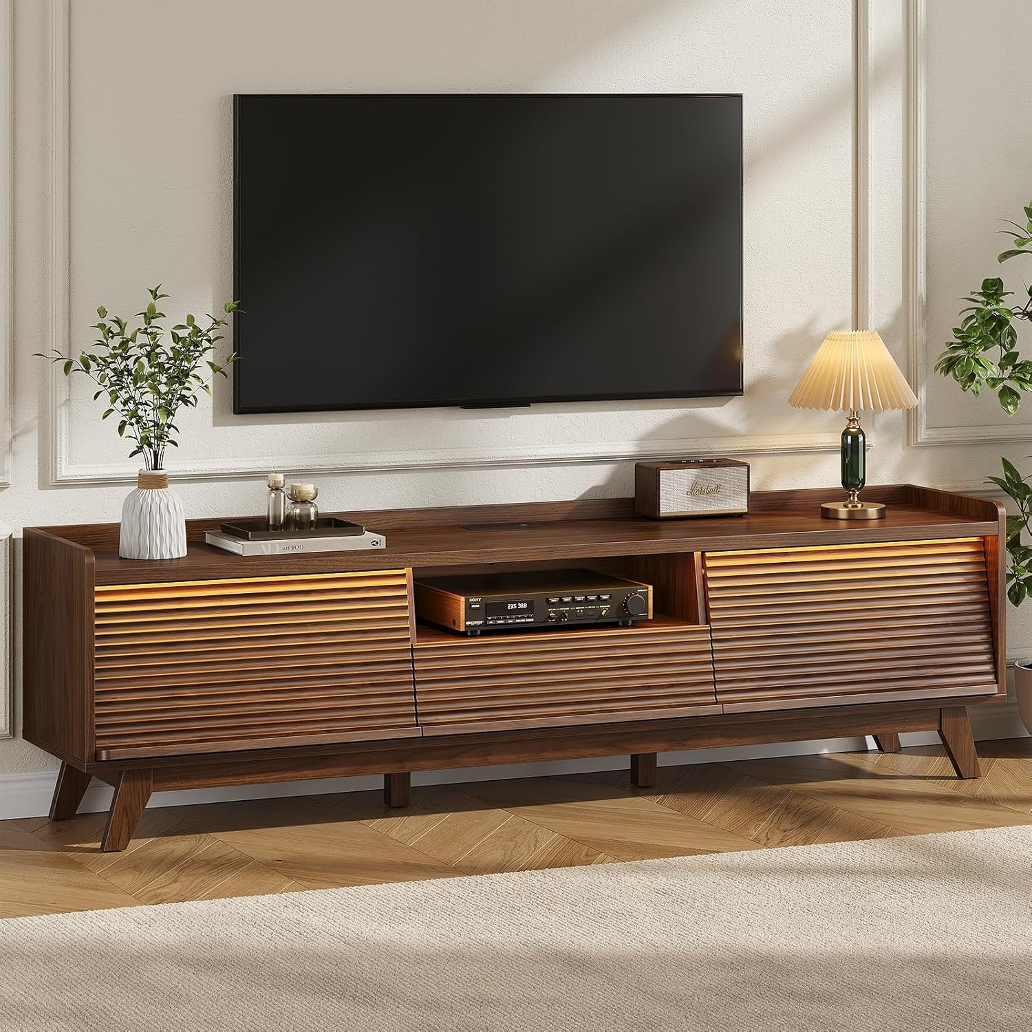 70″ Mid-Century TV Stand for Living Room TV Console for TVs Up To 75 Inch Modern Television Stands with Storage for Bedroom Entertainment Center with LED Light, Charging Station, Flip UP Door, Walnut