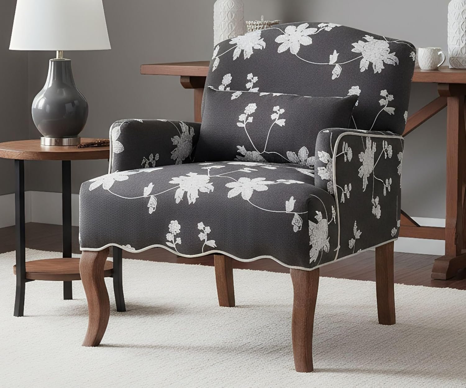 Mid Century Accent Chair Floral Reading Chair with Removable Pillow Wingback Arm Chair Upholstered Comfy Single Sofa for Living Room/Bedroom/Fireplace, Grey 1PC
