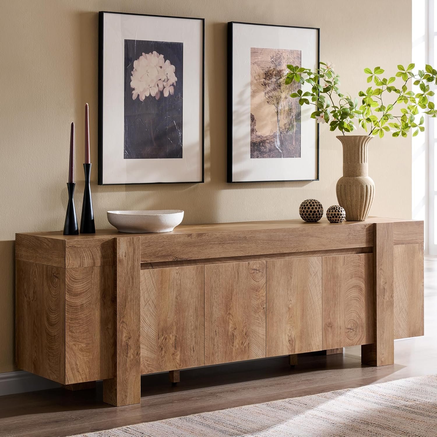 OKD Modern Farmhouse TV Stand, 70″ Long Media Console Table with Storage Cabinet, Wooden Entertainment Center for Living Room, Light Knotty