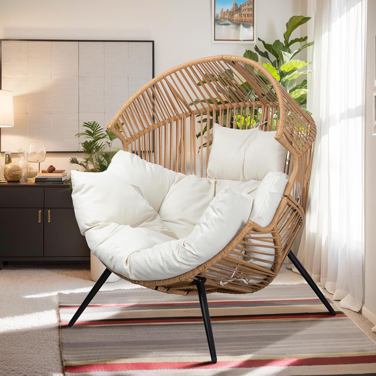 Vongrasig Outdoor Wicker Egg Chair PE Rattan Chair with Cushion, Oversized Patio Lounge Chair for Outdoor, Indoor, Balcony, Backyard, Garden, Beige