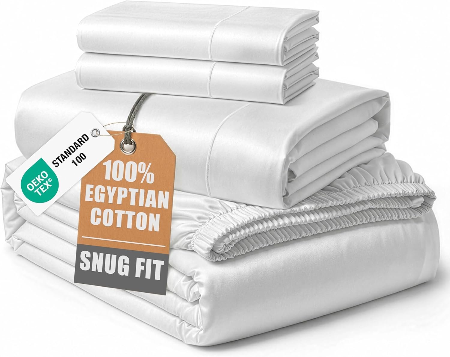 100% Egyptian Cotton Sheets Queen Size – Naturally Cooling & Breathable 4 Piece Silky Sateen Weave Queen Sheet Set, Ultra-Soft & Durable Hotel Luxury Sheets with 15″ Snug Fit Deep Pockets – White