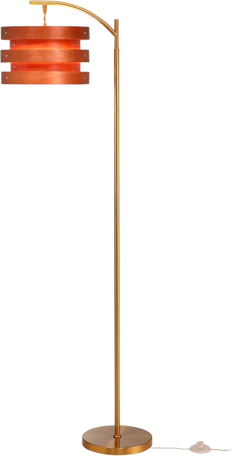 O’Bright Strata Wooden Floor Lamp – Mid Century Modern Standing Lamp with Layered Wood Shade, Tall Reading Lamp for Living Room, Bedroom, Office, Antique Brass, Dark Oak, Horizon Shade