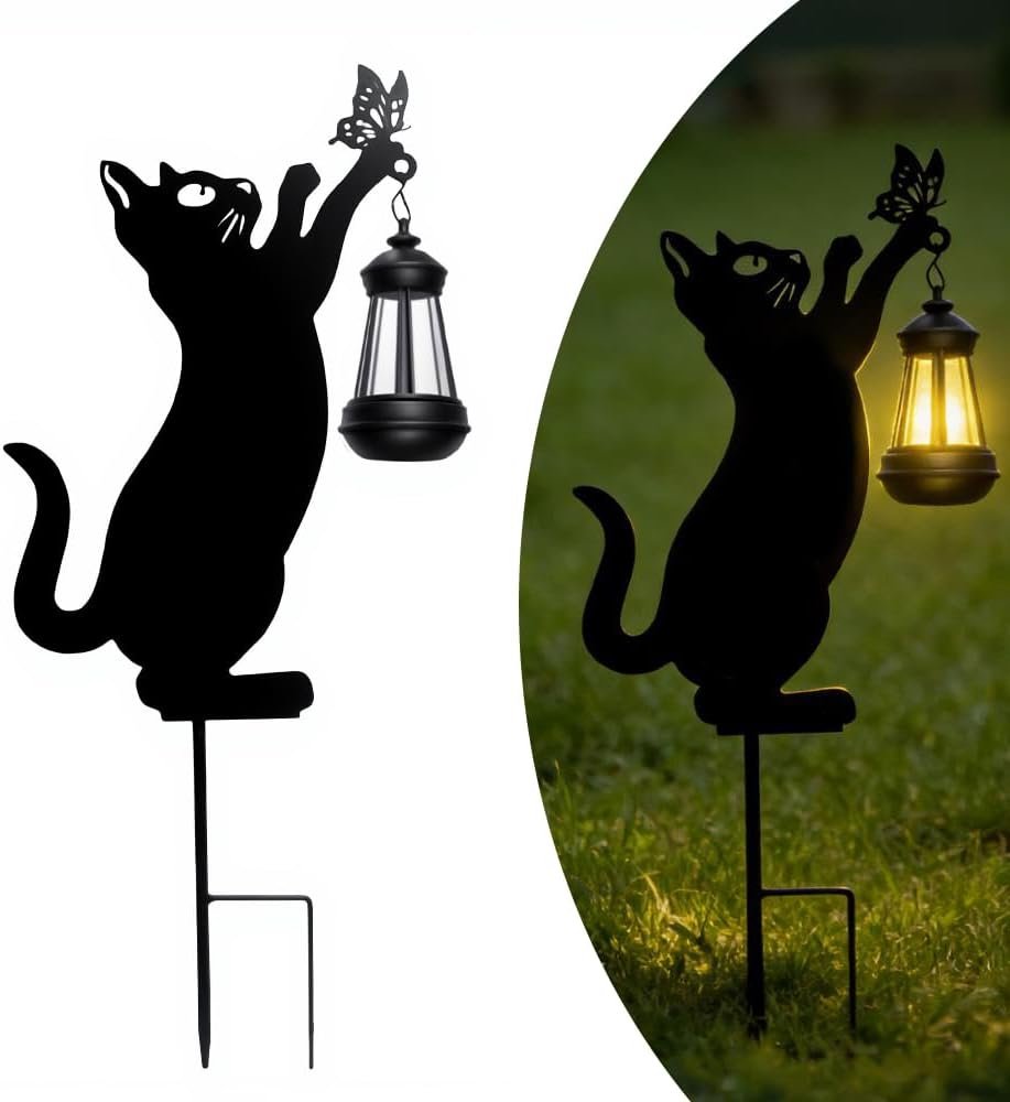 Lily’s Home Black Cat Garden Decor with Solar Light Lantern – Outdoor Solar Lights for Pathway & Patio – Durable Waterproof Metal – Yard & Patio Decor – Unique Gift for Cat Lovers – 23’’ Tall