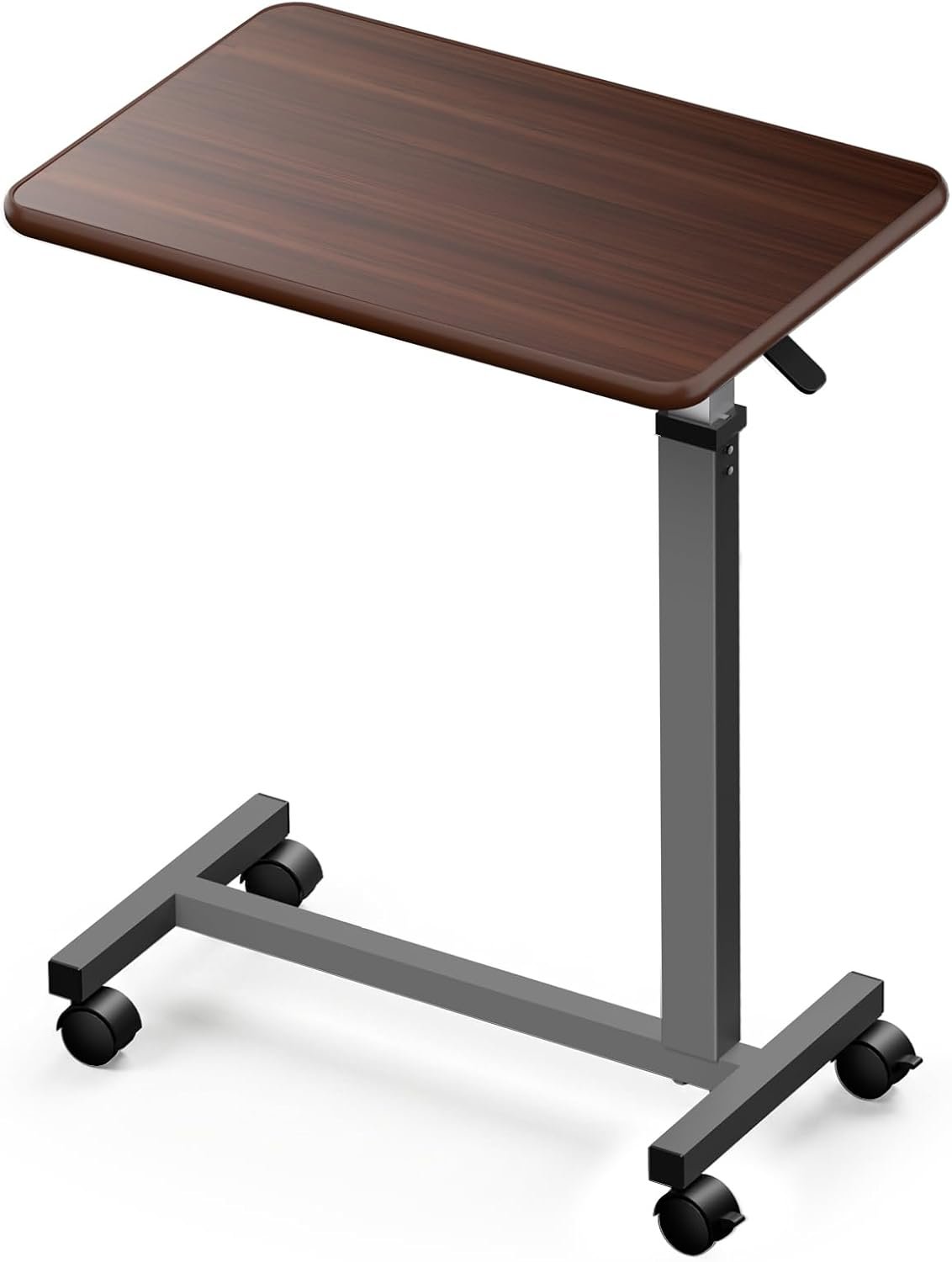 WOTURE Pneumatic Adjustable Overbed Bedside Table with Wheels – Hospital & Home Use, Medical Bed Table, Mobile Standing Desk, Rolling Laptop Cart, Non Tilt Surface(23.6″ L x 15.7″ W, Walnut)