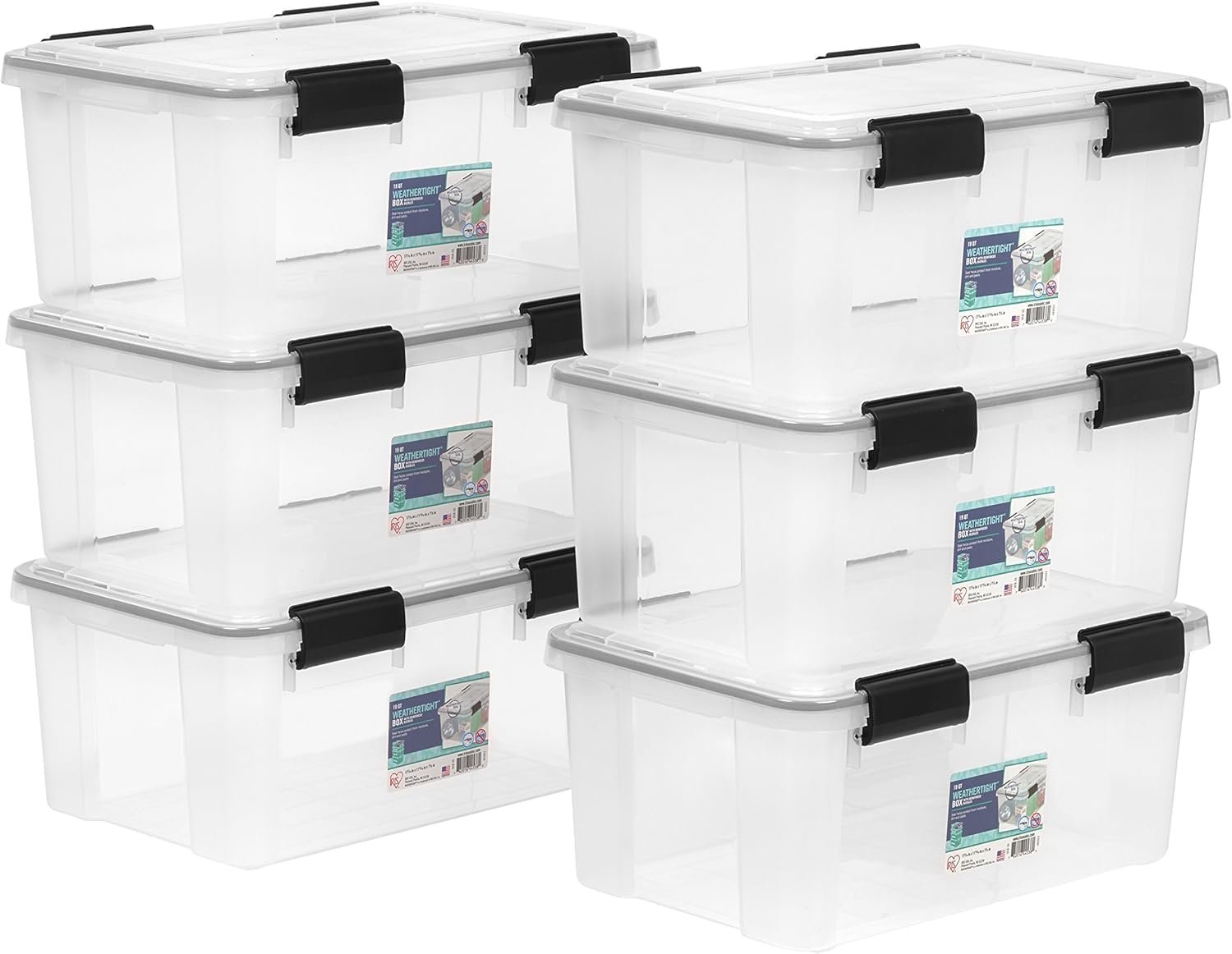 IRIS USA WeatherPro 19 Qt Storage Bins with Lids, 6 Pack, BPA-Free Plastic Gasket Box with Tight Latch and Seal, Stackable Nestable Tote Tub – Clear/Black