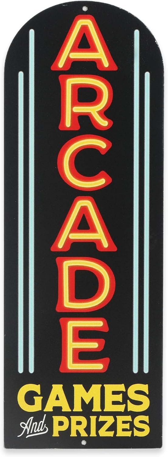 Arcade Games and Prizes Arched Metal Sign – Vintage Arcade Sign for Game Room, Man Cave or Teen Room