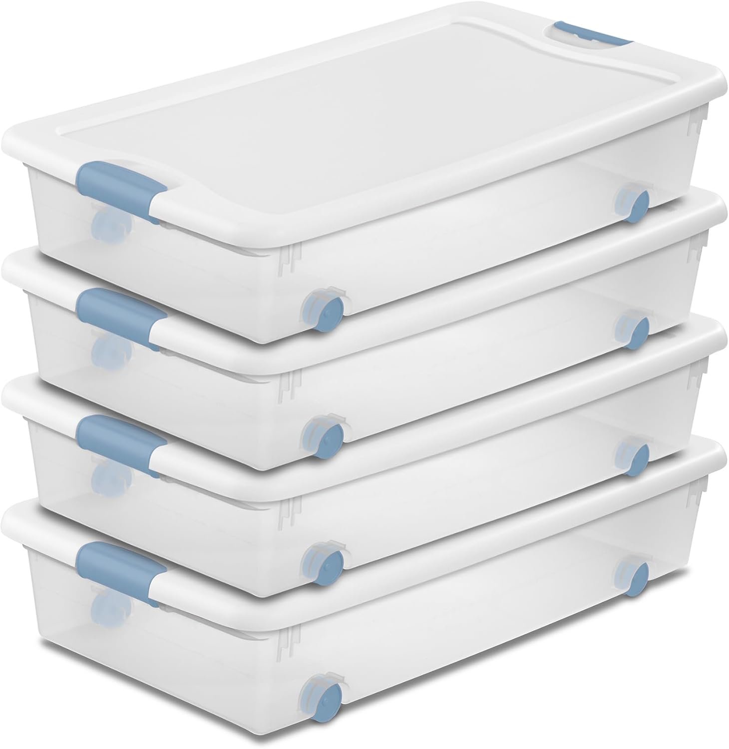 Sterilite 4-Pack 56 Quart Wheeled Latching Box, Underbed Clear Plastic Storage Organizer – Under Bed Rolling Container Bin with Lid and Wheels for Home or Dorm Bedrooms and Closets