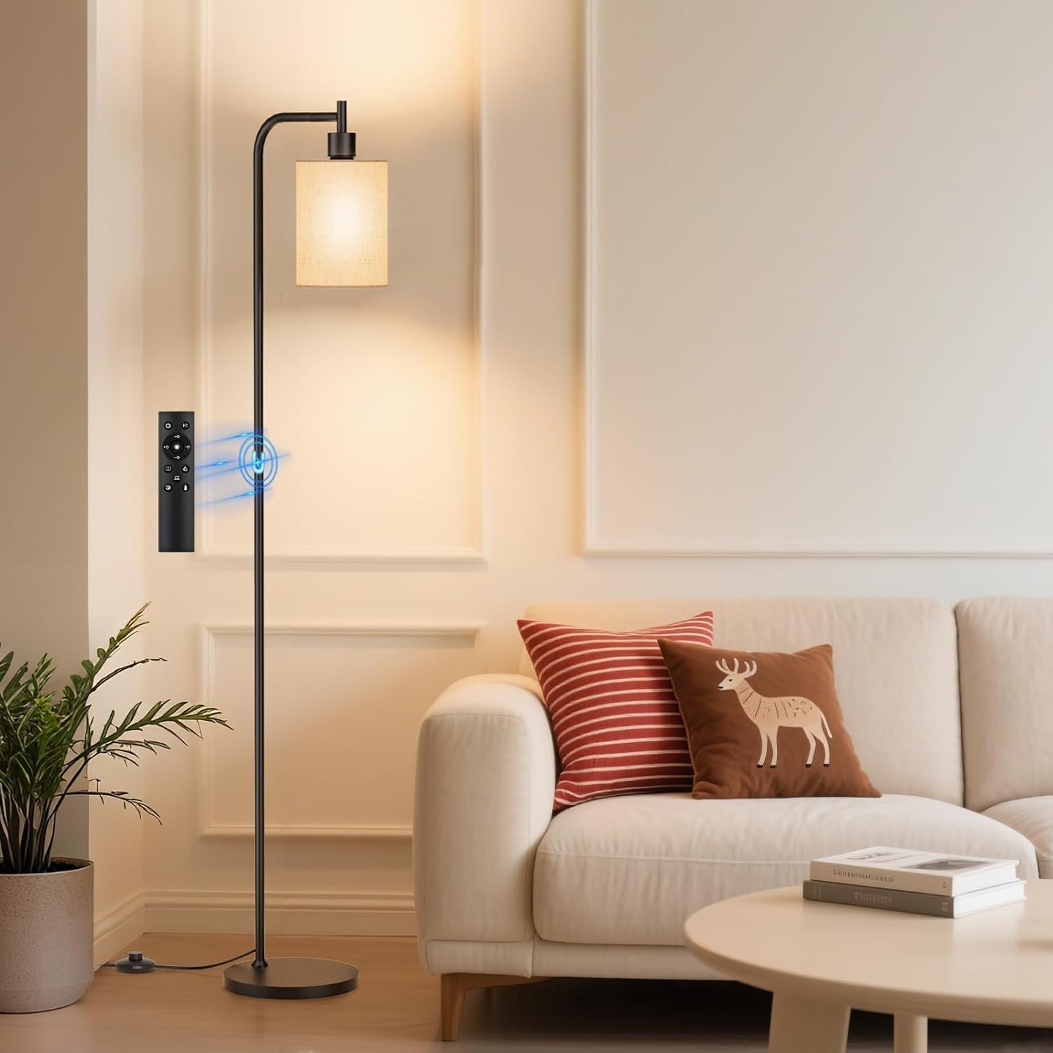 SIBRILLE Floor Lamp with Linen Shade, Dimmable Tall Standing Lamp with Remote Control & 3 Color Temperatures, Modern Floor Lamps for Living Room Bedroom Office Corner, 9W LED Bulb Included