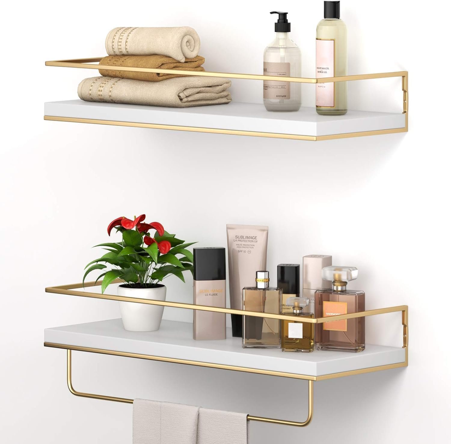 Shario White Floating Shelves – Set of 2, Wall Mounted Hanging Shelves with Golden Towel Rack, Decorative Storage Shelves for Bathroom, Kitchen, Living Room & Bedroom (White Gold, 15.7 Inches) | Hanging Shelves