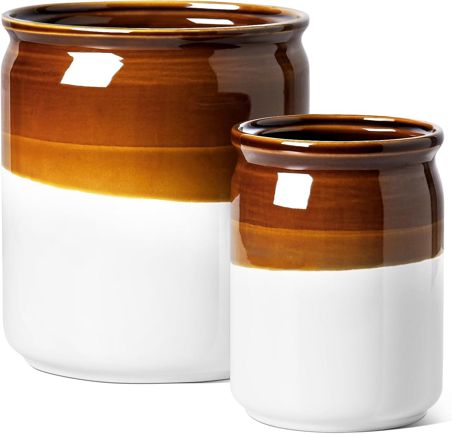 LE TAUCI Kitchen Utensil Holder, 7.2″ & 5.4″ Ceramic Utensil Crock for Countertop, Large Heavy Weighted Spatula Organizer, Rustic Farmhouse Decor, Vintage Two-Tone Glaze, Set of 2, Brown & White