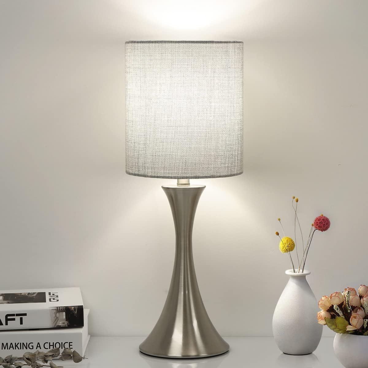 3 Way Touch Control Table Lamp, Dimmable Bedside Desk Lamp with Metal Base Modern Nightstand Lamp Stylish Grey Shade Simple Side Table Lamp for Bedroom, Living Room, Office or Den LED Bulb Included