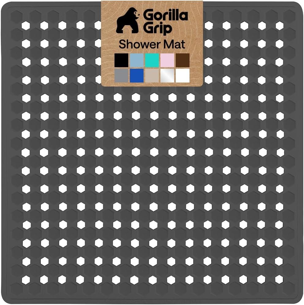 GORILLA GRIP Patented Square Shower Stall Mat, Small Bathtub Floor Mats for Stand Up Showers, Suction Cups and Drain Holes, Machine Wash, Soft on Feet, Bathroom Accessories 21×21 Inch, Charcoal Opaque