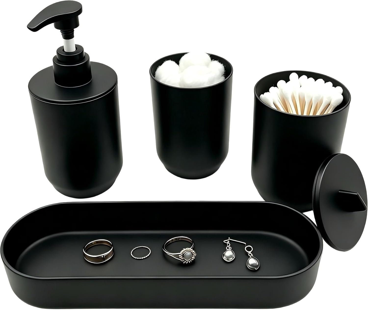 4-Piece Bathroom Accessories Set, Matte Black Plastic Countertop Organizer with Lotion Soap Dispenser, Tumbler, Cotton Swab Cup & Vanity Tray – Modern Bathroom Decor for Home