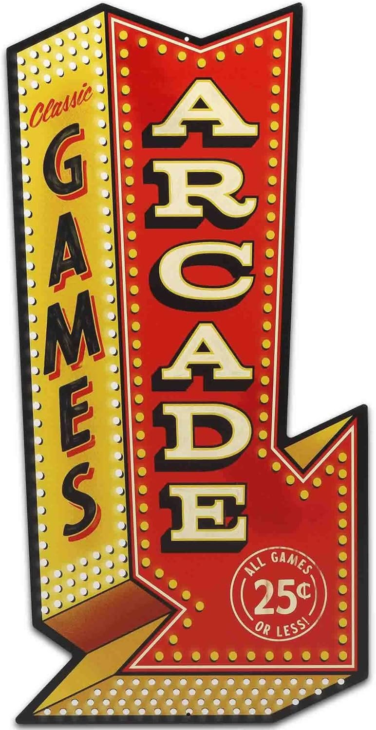 Arcade Games Arrow Metal Sign – Vintage Arcade Sign for Game Room or Man Cave