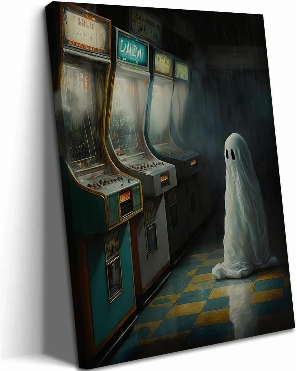 Framed Vintage Halloween Ghost Wall Art, Funny Ghost Gamer Arcade Wall Decor Paintings, Gothic Dark Academia Pictures Canvas Prints Spooky Home Decor for Teen Game Room Bedroom Dorm 12×16 inch