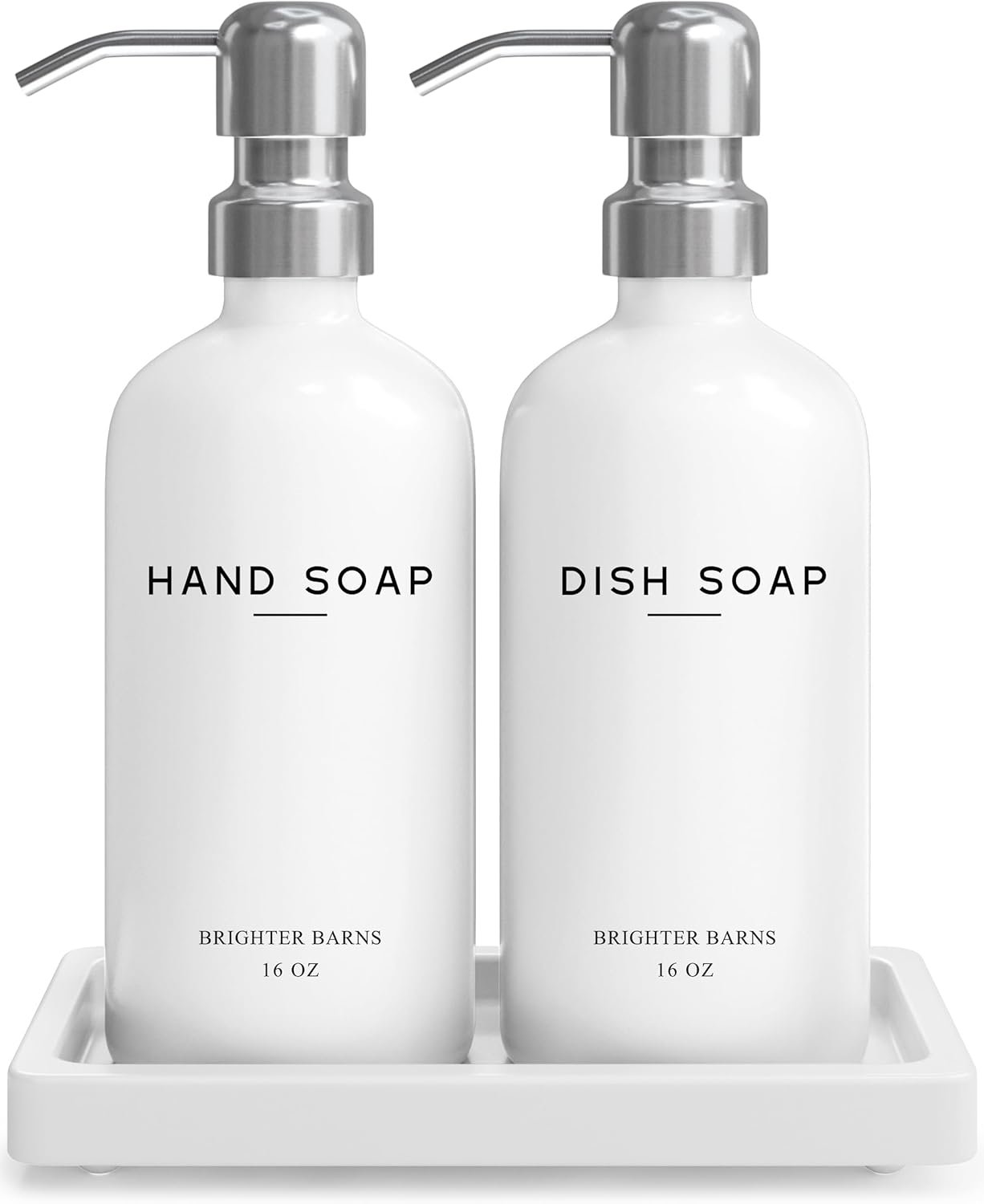 White Glass Hand and Dish Soap Dispenser Set by Brighter Barns – Kitchen Soap Dispenser Set with Tray & Pump for Office, Hotel, Vacation Rental, Airbnb – Modern Kitchen Decor & Accessories (White)