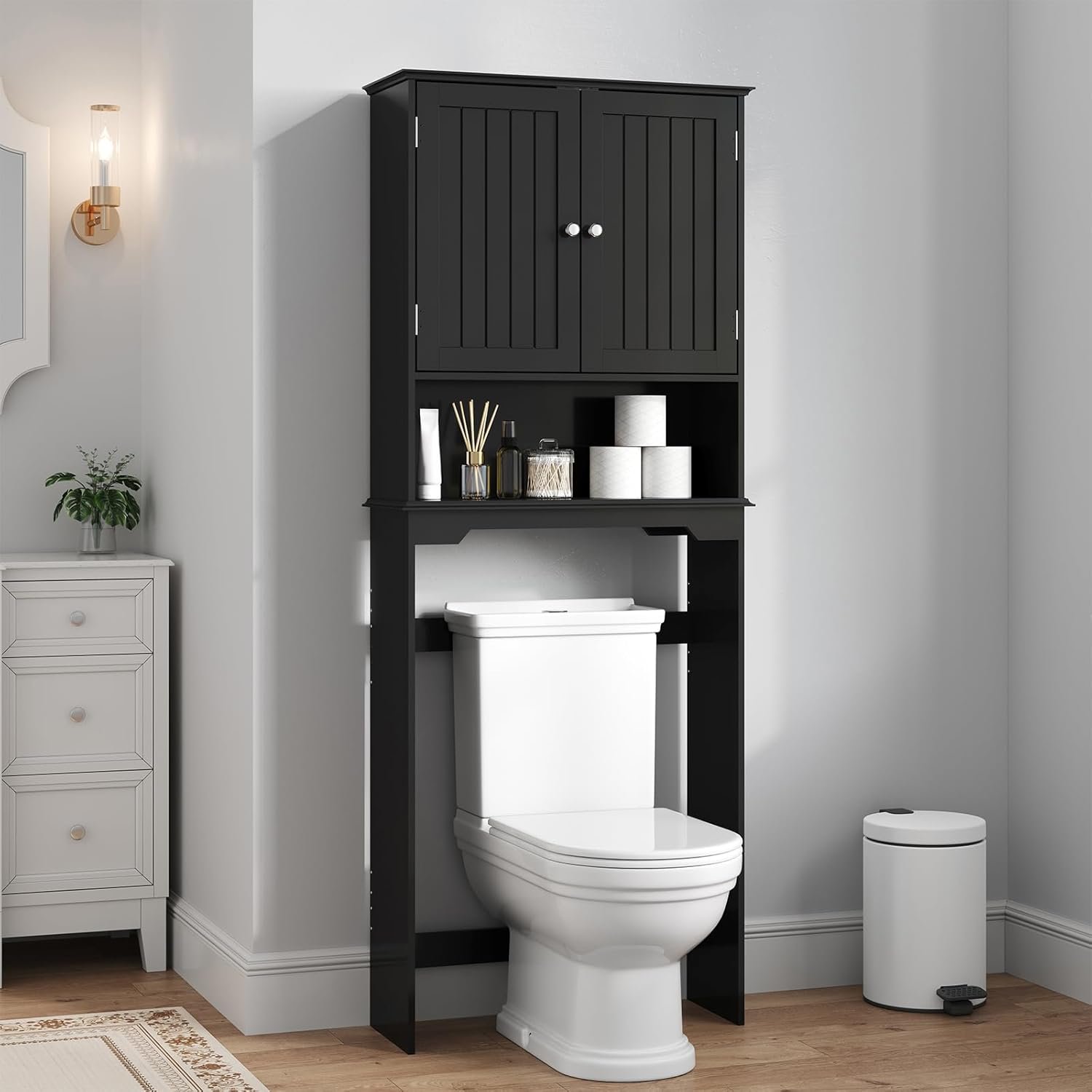 DUMOS Over the Toilet Storage Cabinet, Bathroom Storage Cabinet Over Toilet with Double Doors and Adjustable Shelf, Freestanding Toilet Rack for Bathroom, Black