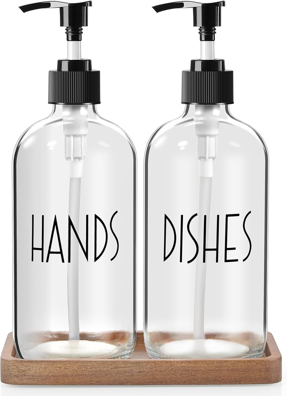 ALELION Glass Soap Dispenser with Pump – 16 OZ Clear Dish and Hand Soap Dispenser Set with Acacia Wood Tray for Kitchen Bathroom – Modern Liquid Pump Bottles