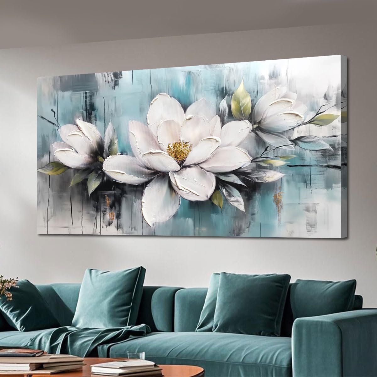 Ardemy Magnolia Wall Art for Living Room, Teal Large White Floral Canvas Wall Art Bedroom Painting Textured Picture Wall Decor Flower Artwork for Wall Decor Home Office Dining Room 40″x20″