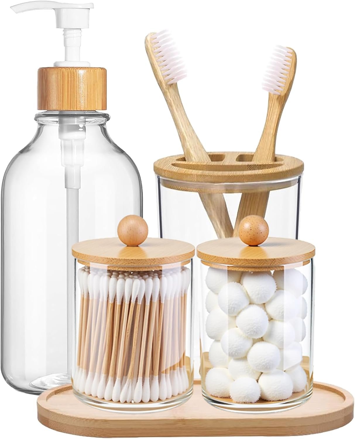 5 Pack Bamboo Bathroom Accessories Set with Tray – Plastic Soap Dispenser Clear Toothbrush Holder and 2 Qtip Holder Cotton Ball Container Jar