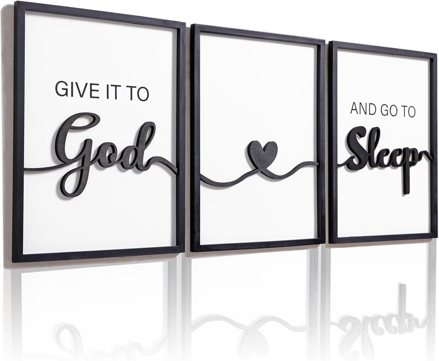 3D Wood Give it to God and Go to Sleep Signs 36×16”, Above Bed Wall Decors, Black And White 3D Bedroom Wall Art (12×16 inches, Set of 3, Framed)