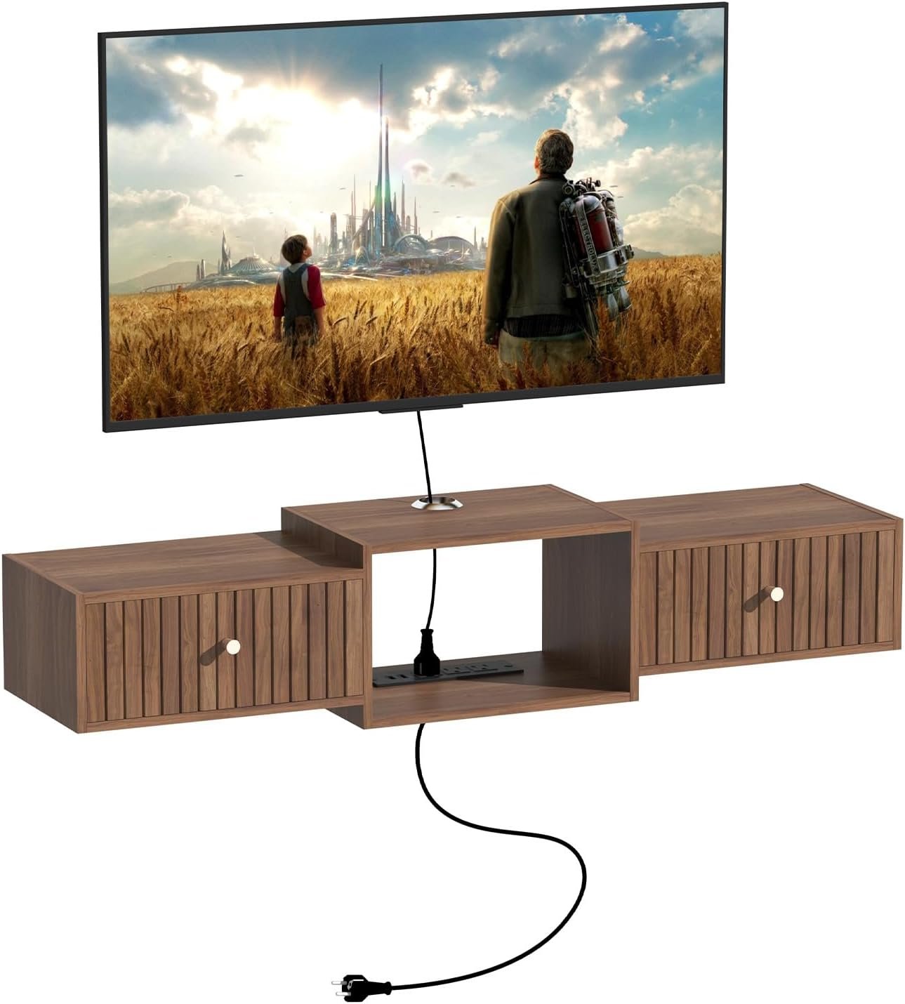 43″ Floating TV Stand, Floating TV Stand Wall Mounted, Entertainment Center with Storage Long for Bedroom, Wood Floating TV Shelf for Living Room (Brown)