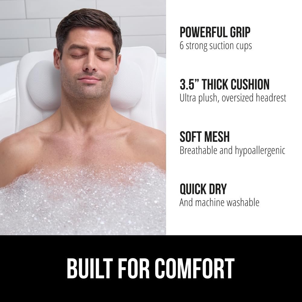 GORILLA GRIP Bath Pillow for Tub, 6 Strong Suction Cups, 4D Mesh FlexComfort Headrest for Neck, Head and Back Support, Luxury Machine Washable Pillows, Bathtub Accessories, Spa Gifts for Mothers White