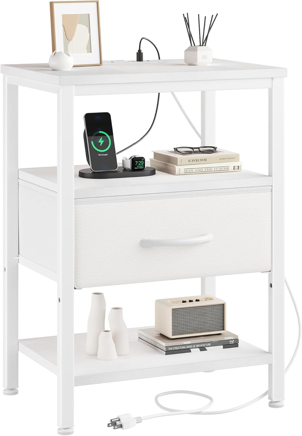DUMOS Bedside Table with Charging Station and Adjustable Fabric Drawer Compact Nightstand 3-Tier Storage Organizer End Table for Bedroom,White
