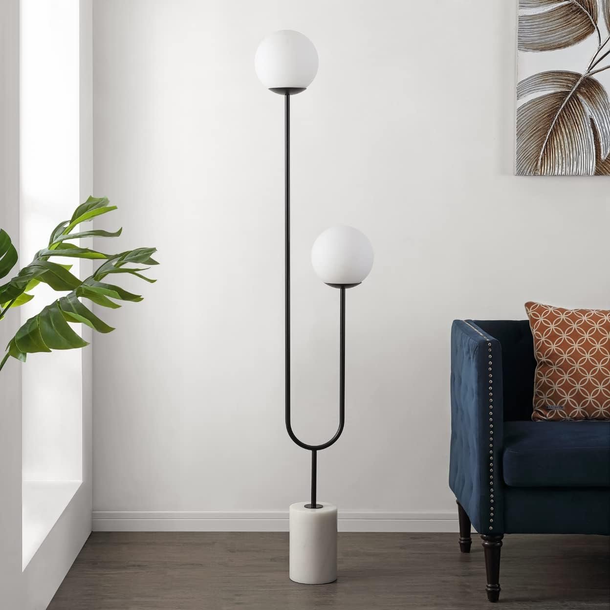 SAFAVIEH Lighting Collection Leif Modern Orb 68-inch 2-Light Black Iron/Marble Floor Lamp (LED Bulb Included)
