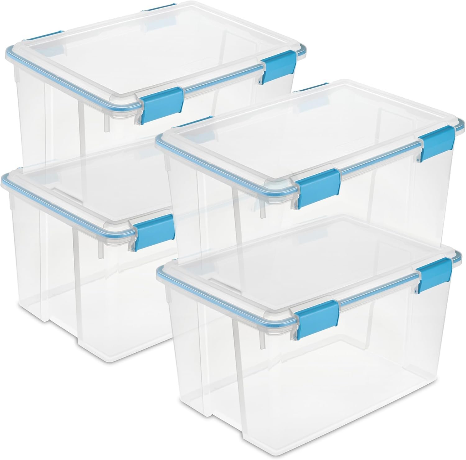 Sterilite 4-Pack 54 Quart Gasket Box, Home Storage Organizer Bins with Lids – Stackable Clear Plastic Containers for Bedroom, Bathroom, Garage, Basement, or Attic