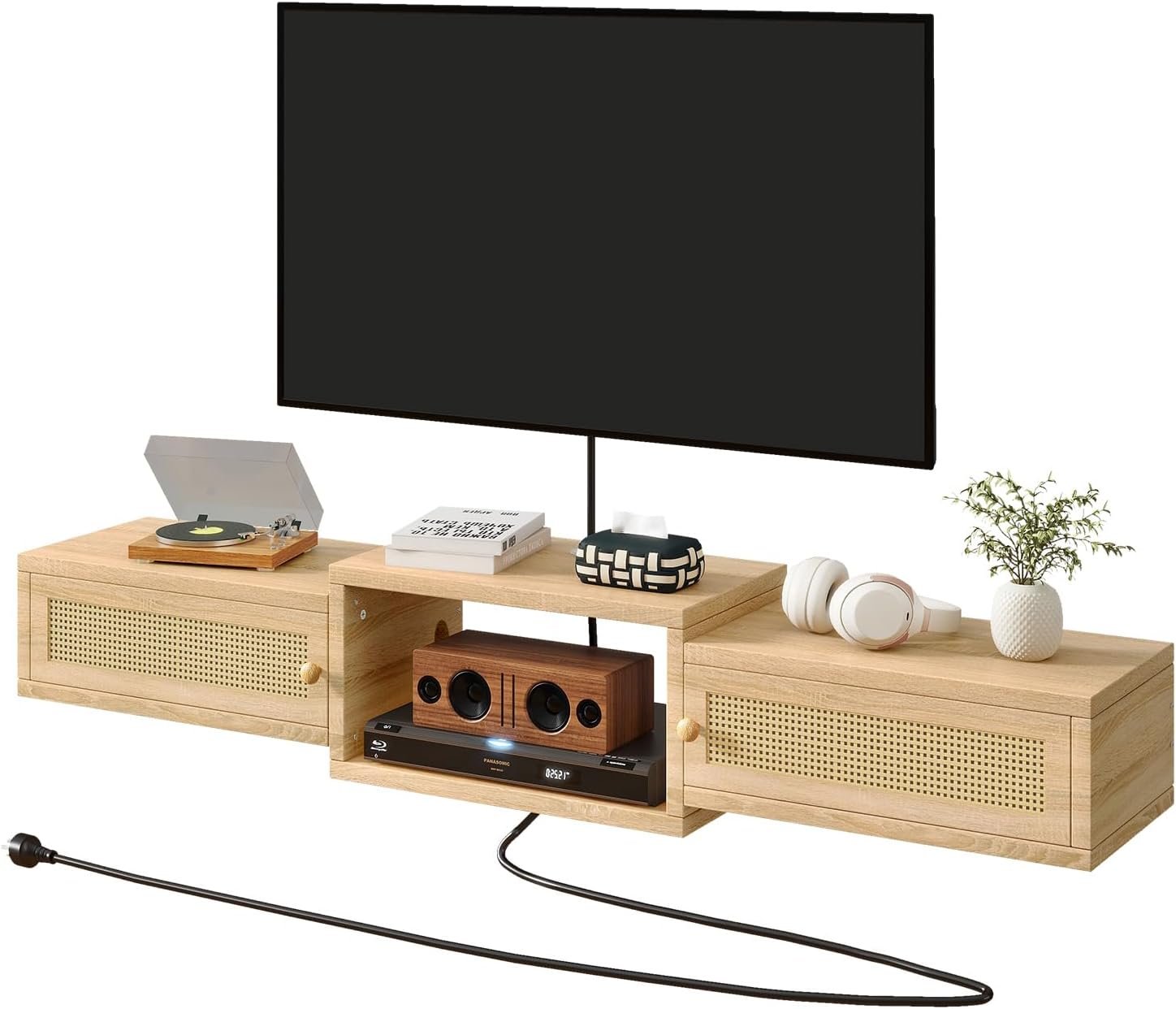 IBUYKE Modern Rattan Floating TV Stand with Doors,Wall Mounted TV Shelf for TVs up to 55 Inches,Media Console Entertainment Center for Under TV Storage Cabinet for Living Room Bedroom,Natural UWST012N