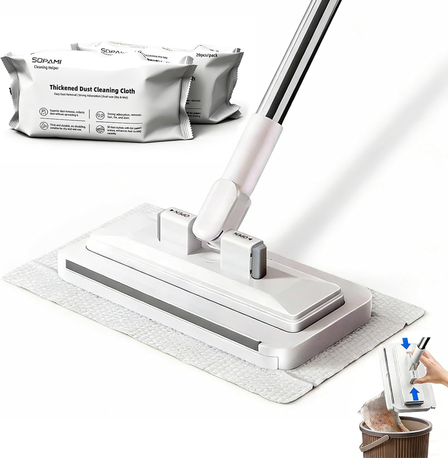 SOPAMI Snap Grip Mini Mop & Sweep Wall Cleaner for Tight Corners,Wall, Hardwood, Marble Floors,Pet Hair Removal for Home, 55″ Extendable Lazy Mop-2 Reusable Cleaning Pads&1pcs Disposable
