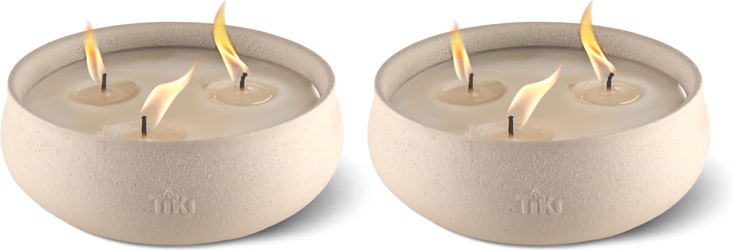 TIKI Citronella Candle 2-Pack – 7-Inch White Wax Bowl with Concrete Finish – Outdoor Decorative Candles for Patio, Deck, Garden, Backyard & Camping