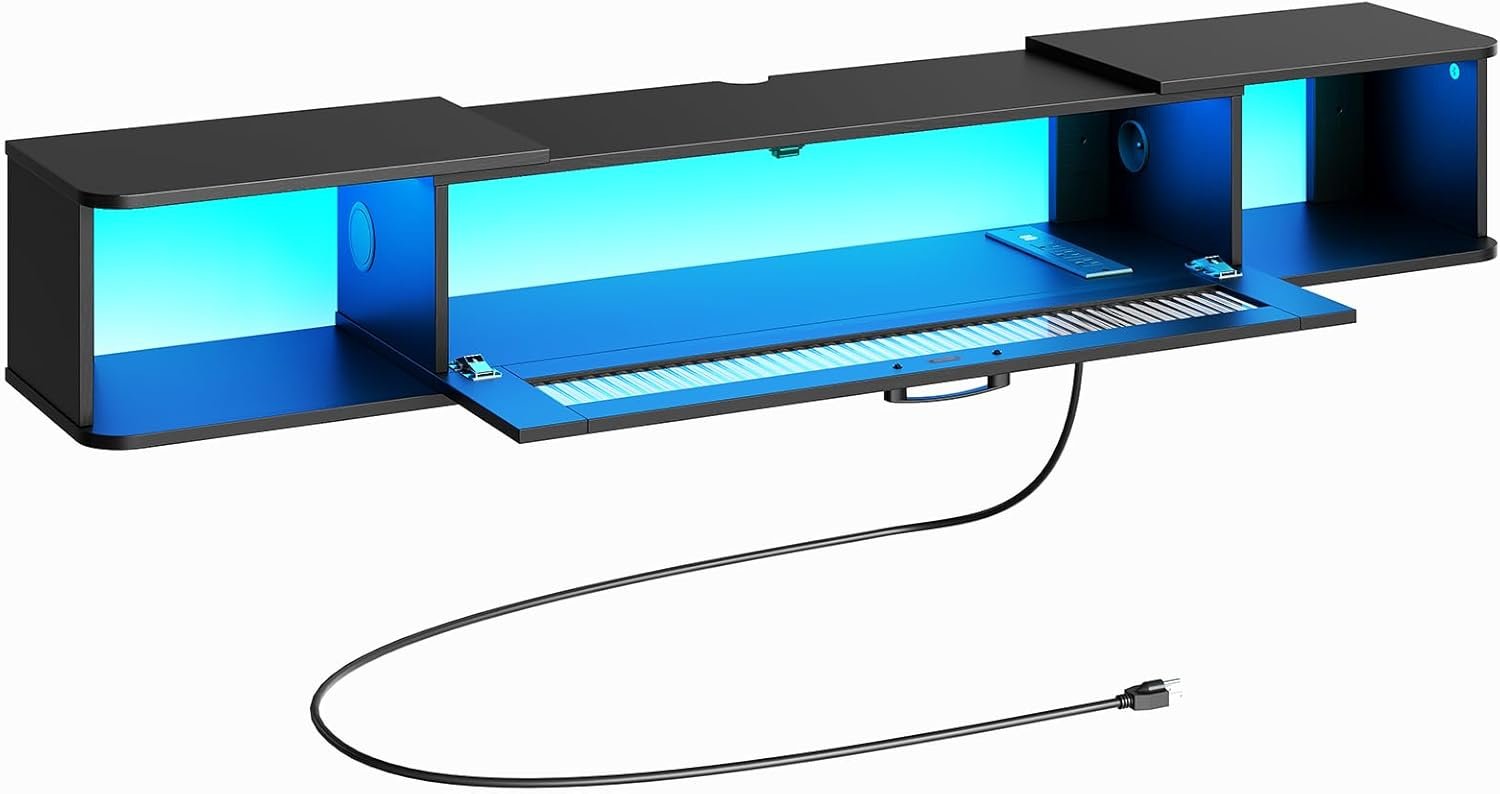 HOOBRO Floating TV Stand with LED Light Power Outlet for TVs up to 65”, Wall Mounted TV Shelf, Modern Media Console Entertainment Center Under TV, for Living Room Bedroom, Black BK34UDDS01G1