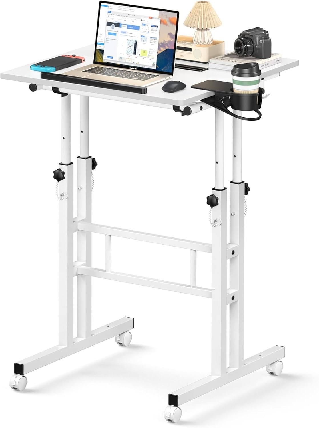 Enayplon Small Standing Desk with Wheels, Mobile Stand Up Desk, Portable Standing Table on Wheels for Walking Pad, Rolling Computer Desk Adjustable Height, Tall Table