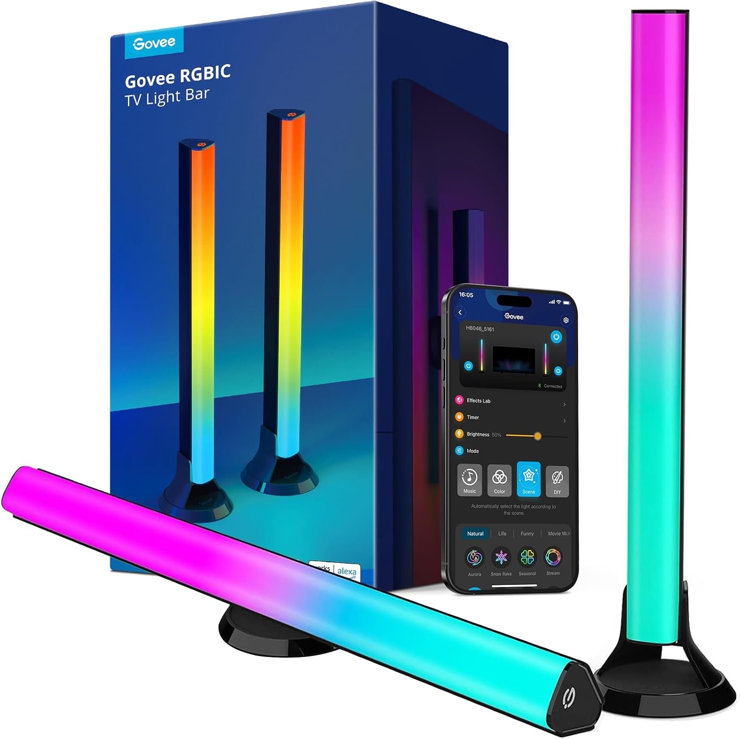 Govee RGBIC Light Bars, 15 Inches WiFi TV Backlight Suitable for 45-70 inch TVs, Smart Light Bars with Multiple Placement Options, Work with Alexa and Google Assistant, Black