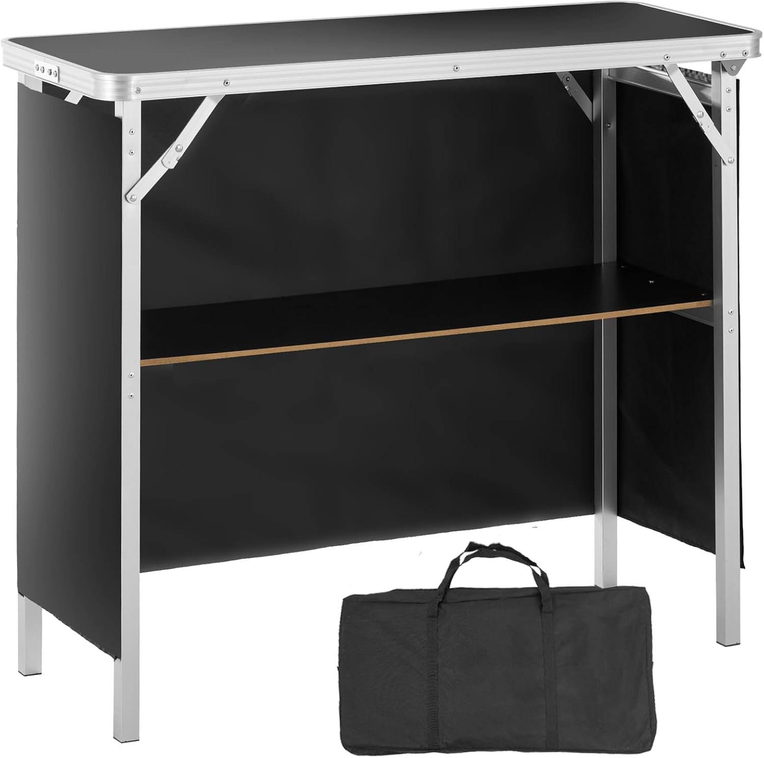 VEVOR Folding Portable Bar Table, Tradeshow Podium Table for Indoor, Outdoor, Party, Picnic, Exhibition, Includes Carrying Case, Storage Shelf and Black Skirt, 38.39″ x 15.16″ x 34.25″
