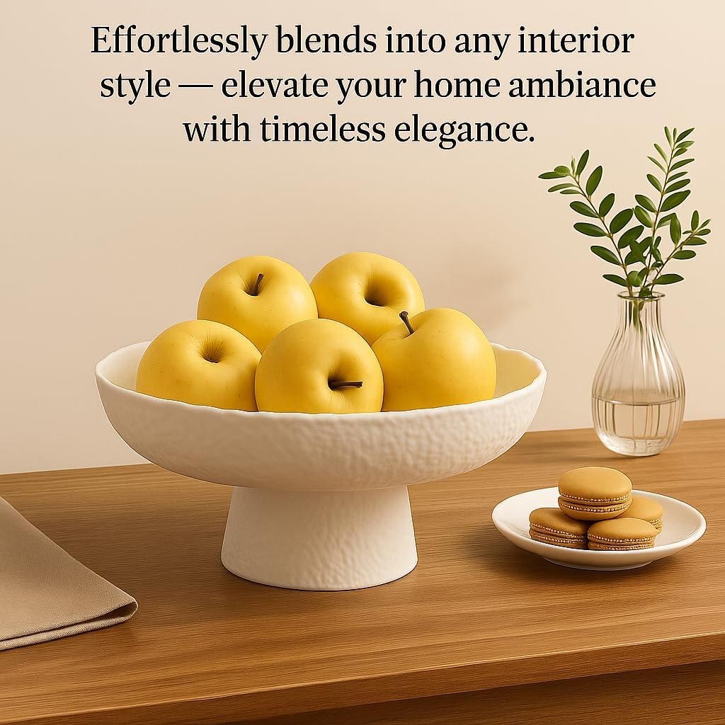 Decorative Fruit Bowls for kitchen decor Counter 10.4‘’,Large Modern Serving Bowl, High Foot with Irregular Edge Design, High-Temperature Fired Thickened Glass Bowl, White