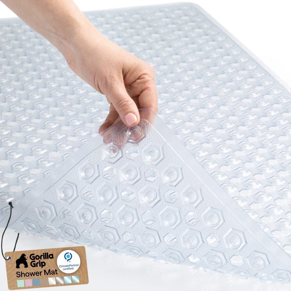 GORILLA GRIP Patented Bath Tub Shower Mat, Machine Washable Bathtub Floor Liner Mats, Suction Cups and Drain Holes to Keep Tubs Clean, Soft on Feet, Bathroom Essentials, 35×16 Inch, Clear