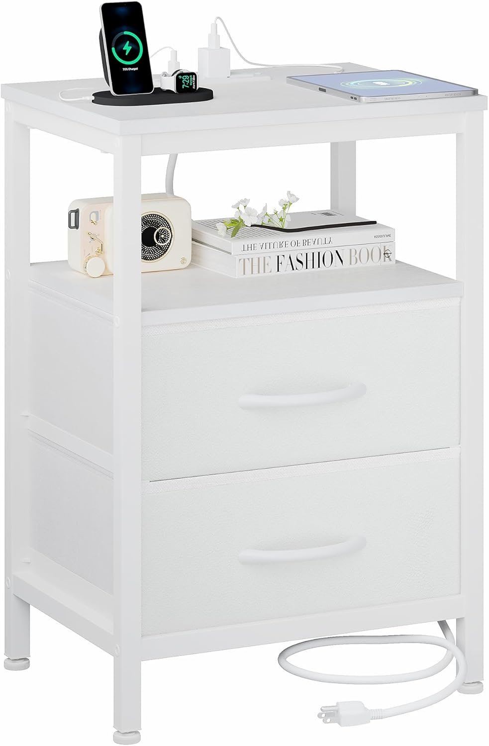 OLIXIS Nightstand with Charging Station, Bedside Table with USB Ports & Type-C, 2 Fabric Drawers Night Stand with Open Shelf, Compact End Table for Bedroom, White