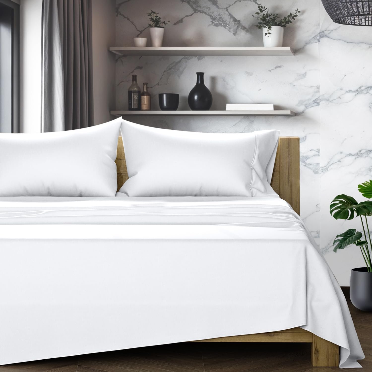 TEXAS LINEN CO. 100% Egyptian Cotton Queen Sheets Set – Luxury 1200 Series Star Sleepin’ Collection Egyptian Cotton Sheets Queen Size (4 PC, White), 17″ Deep Pocket, Cooling Sateen Hotel Bedding Set