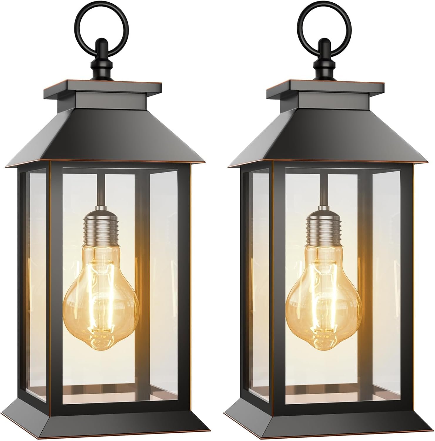 2 Pack Solar Lanterns Outdoor, Hanging Glass Solar Lights Waterproof, Dual Power Solar & 2*AA Battery, for Porch, Patio, Yard and Indoor Table or Mantel