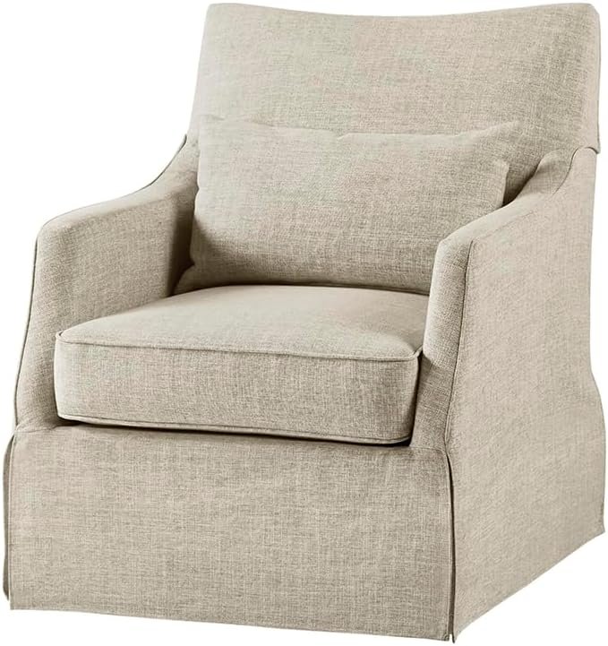 Martha Stewart London Swivel Chair – Solid Wood & Plywood, Skirted Metal Base Accent Armchair, Lumbar Pillow -Modern Classic Family Room Sofa Furniture Bedroom Lounge, 28″X31.5″X35.25″, Beige Multi